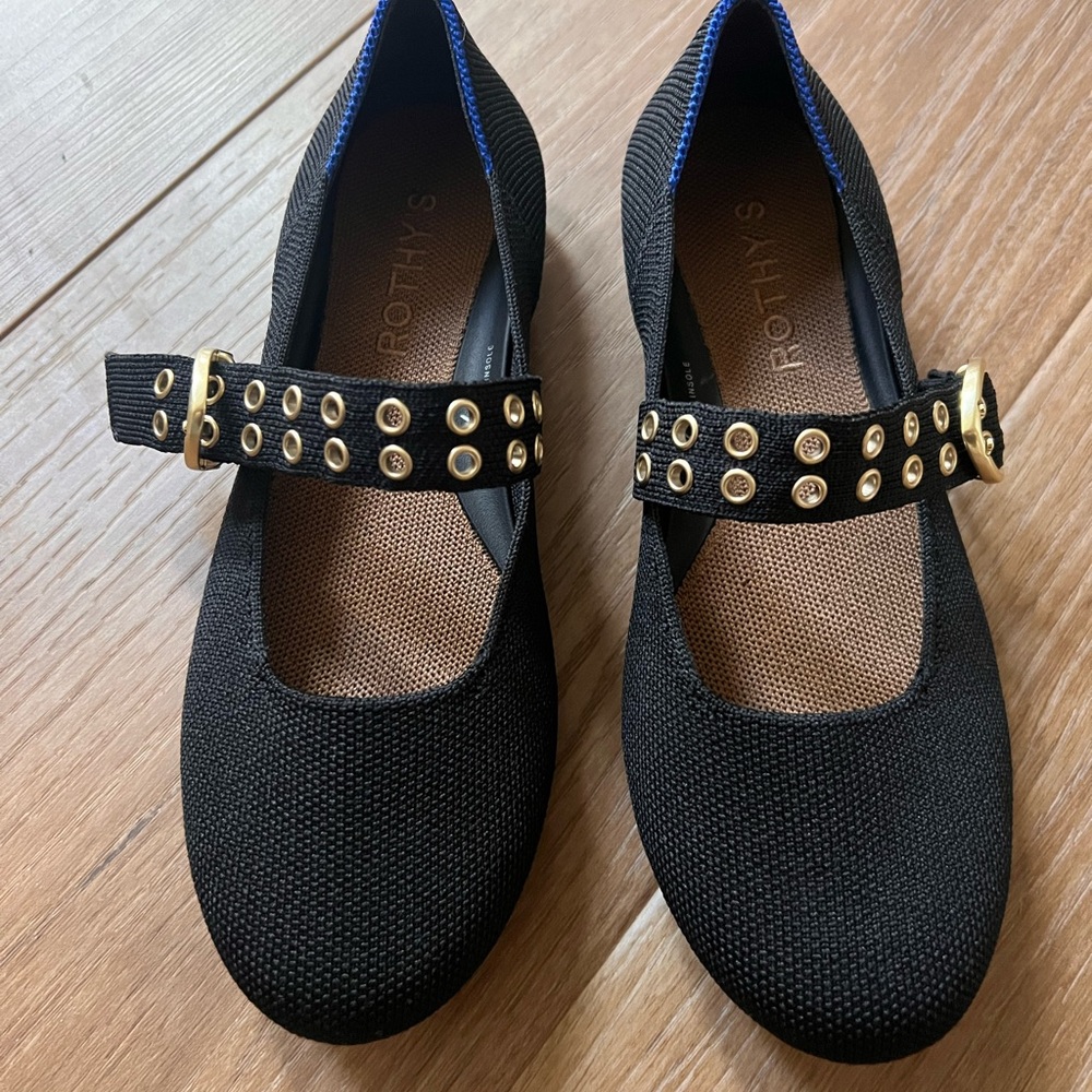 Rothy's Black Mary Jane Flats with Gold Eyelet Strap